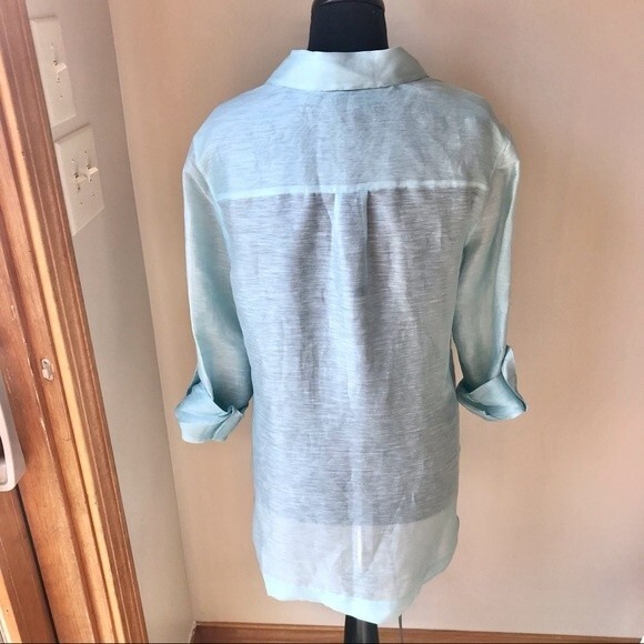 Linen Silk Tunic Top Light Blue Blouse Long Sleeve Button Up Shirt Vacation - Picture 9 of 10